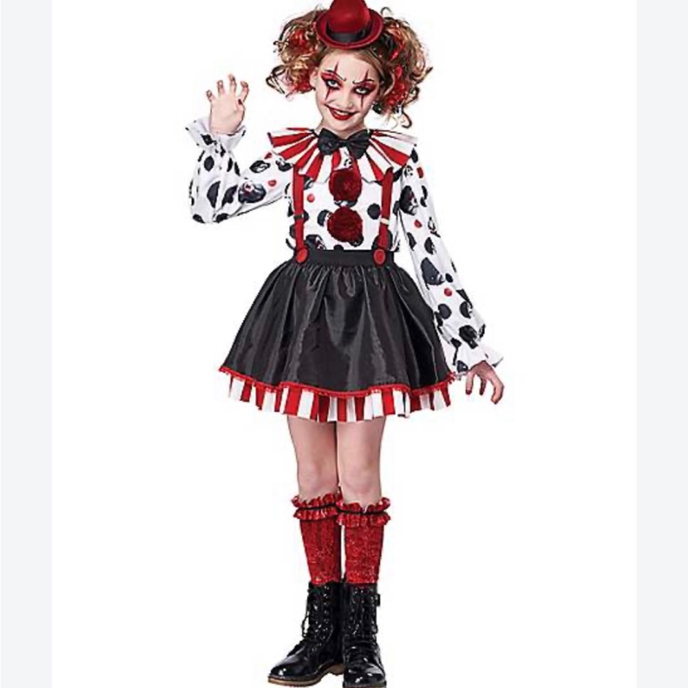 Spirit Girls Red, Black & White Scary Clown Costume with Mini Hat